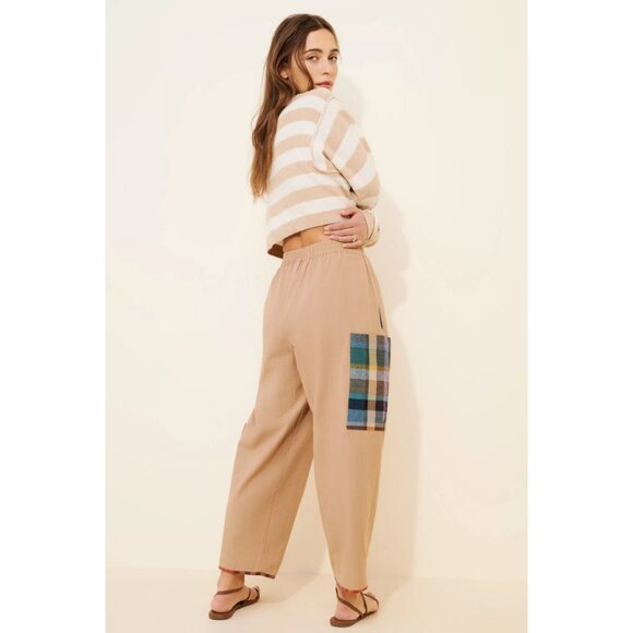 Rujuta Sheth Collage High-Rise Pants Sand Tan Patchwork Boho Lagenlook Kitsch L - Picture 2 of 11